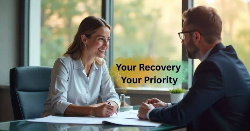 A compassionate dog bite lawyer discusses legal options with a client in a modern office.