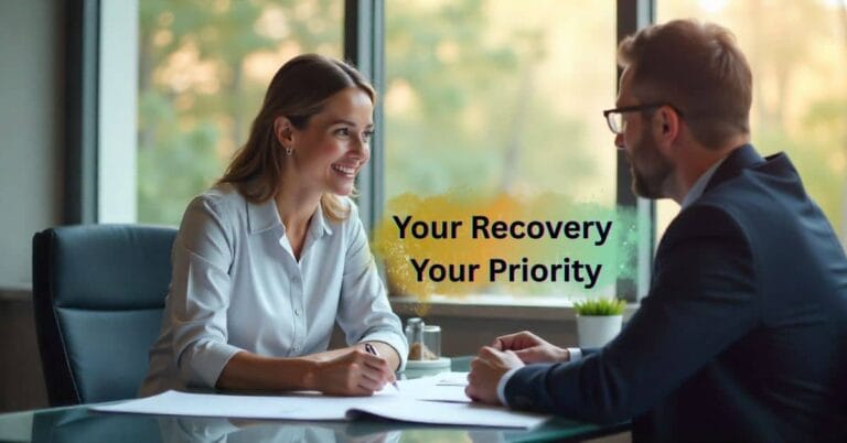 A compassionate dog bite lawyer discusses legal options with a client in a modern office.